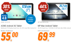 ACME 7 Zoll Android 6.0 3G Tablet für 55 € (90,20 € Idealo) und MP Man 10,1 Zoll Android 5.1 Tablet für 69,99 (94,20 € Idealo) @Notebooksbilliger