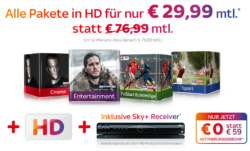 Sky Komplett (alle Pakete) + HD + Sky Go + keine Aktivierungsgebühr für 29,99 € mtl. statt 76,99 € @Sky