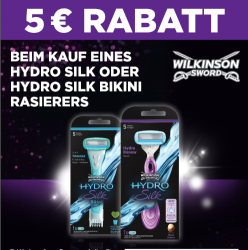 5€ Rabatt Coupon für Wilkinson Hydro Silk oder Bikine inkl. 1 Klinge – effektiv kostenlos @Wilkinson