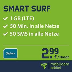 mobilcom-debitel o2 Smart Surf mit 1GB LTE Internet Flat + 50 Frei-Minuten + 50 SMS für 2,99 € mtl. (statt 11,99 € mtl.) + einmalig 25 € @Amazon