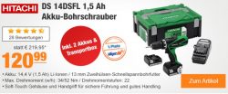@plus: Mit Gutschein nur 105,99€ (Idealo: 133,99€) Hitachi DS14DSFL Bohschrauber + 2.Akku + Transportbox