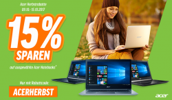 15% Rabatt auf Acer Notebooks @Notebooksbilliger z.B. Acer Aspire ES 15 15,6 Zoll/Core i3/8GB RAM/256GB SSD/Win10 für 492,15 € (596,90 € Idealo)