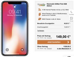 AKTION: iPhone X bei Klarmobil AllNet Flat 4GB 149€ Einmalzahlung 49,85€ bei 24 Monatsvertrag