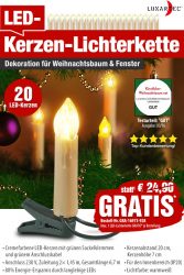 Pearl: Lunartec LED-Weihnachtsbaum-Lichterkette mit 20 LED-Kerzen, IP20 gratis statt 24,99 Euro (nur Versandkosten)