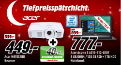 Technik von Acer in der Tiefpreisspätschicht @Media-Markt z.B. ACER X137WH 3D HD Beamer für 299 € (351,34 € Idealo)