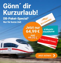 weg.de: 2x DB-Tickets gültig für ICE, IC/EC ab 59,99 Euro + 20 Euro weg,de Gutschein + 6 Monate maxdome