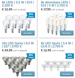 Philips LED Leuchtmittel bis zu 88% reduziert im Flash-Sale @iBOOD z.B. 8x dimmbare LEDs E14 8 W für 25,90 € (51,22 € Idealo)