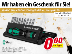 Voelkner: Wera Bit-Set 10teilig Kraftform Kompakt 10 05056653001 im Wert von 23,99 Euro kostenlos zu jeder Bestellung ab 39,99 Euro