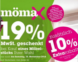 Mömax – 19% MwSt. geschenkt + 10% Rabattgutschein in allen Filialen
