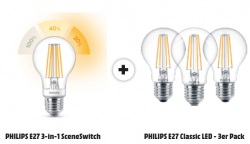 1x PHILIPS 3-in-1 SceneSwitch LED + 3x PHILIPS Classic LED Lampe E27 für 9,99 € (25,93 € Idealo) @Media-Markt