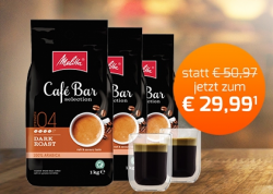 Kaffeevorteil: 3 kg Melitta Kaffee + 2 gratis Gläser + kostenloser Versand mit Gutschein für nur 29,99 Euro statt 50,97 Euro