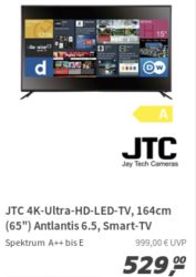 Real: JTC 4K UHD LED 65 Zoll Smart-TV, Triple Tuner für 529€ (idealo: 588€) incl. Versand