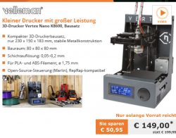 @elv: Velleman Vertex Nano K8600 3D Drucker nur 149€ statt 199€ (Idealo) + gratis Dummykamera
