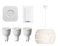 Philips Hue White & Color GU10 Starter Kit mit 3 Lampen, Bridge, Dimmschalter + gratis Pendelleuchte für 168,95€ [idealo 239€] @tink