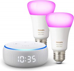 Echo Dot (3. Gen.) mit Uhr und Alexa + Philips Hue Color LED-Lampe Doppelpack (E27) mit Bluetooth und Zigbee für 79,99 € (122,79  € Idealo) @Amazon