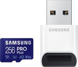 Samsung PRO Plus microSD Speicherkarte, 256 GB, UHS-I U3, Full HD & 4K UHD inkl. USB-Kartenleser für 23,99 € (34,89 € Idealo) @Amazon