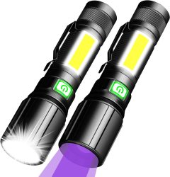 Amazon: 2er Pack REHKITTZ aufladbare LED Taschenlampen mit UV Licht und Seitenlicht mit Gutschein für nur 13,99 Euro statt 27,99 Euro