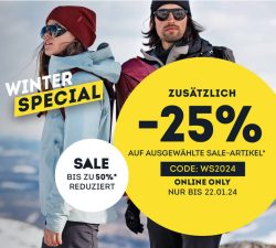 SportScheck: Bis zu 50% Rabatt im Winter-Sale + 25% Extrarabatt mit Gutschein ab 25 Euro MBW